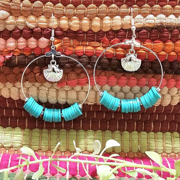 Earrings. Silver Hoops. Seashells. Turquoise Beaded. Pierced. NWT. - Picture 5 of 9